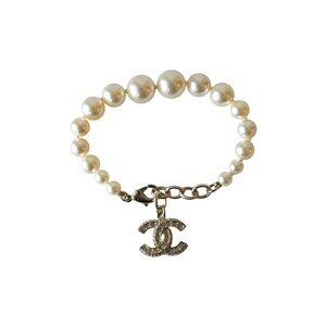 Chanel Crystal Strass Resin CC Pendant Pearl Bracelet Gold
